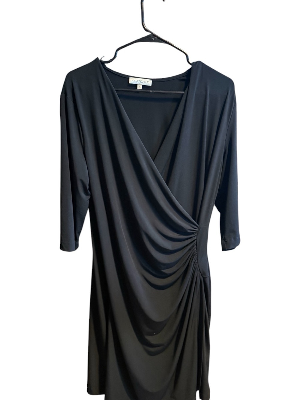Anatomie Black Faux-Wrap Ruched V-Neck Dress